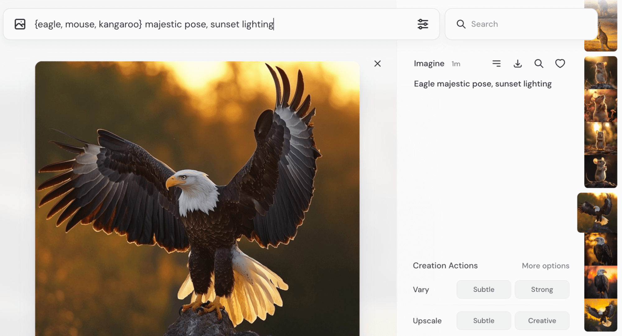 Bald eagle with wings open at sunset