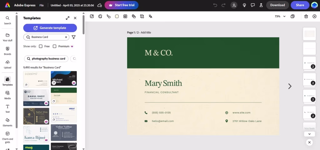 Adobe Express business card templates preview
