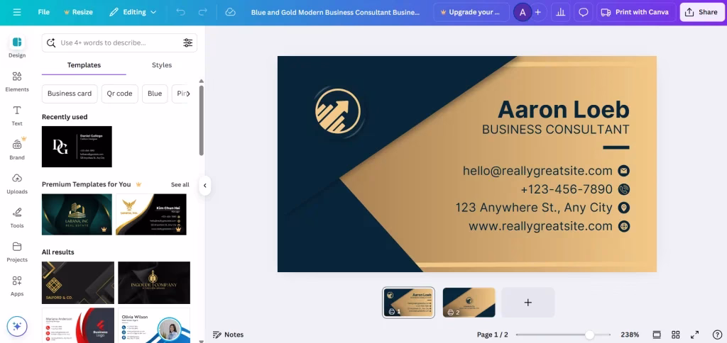 Canva AI business card templates preview