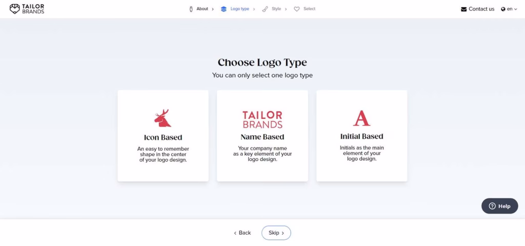 Tailor Brands logo type options