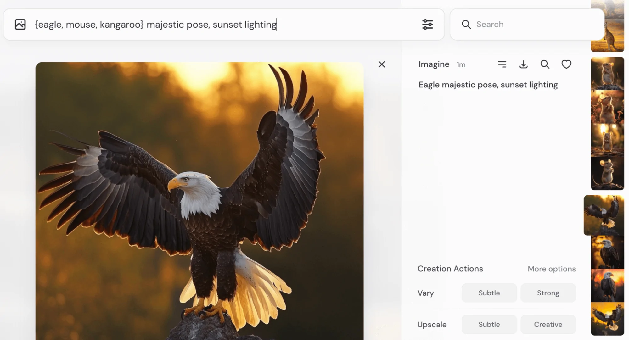 Bald eagle with wings open at sunset